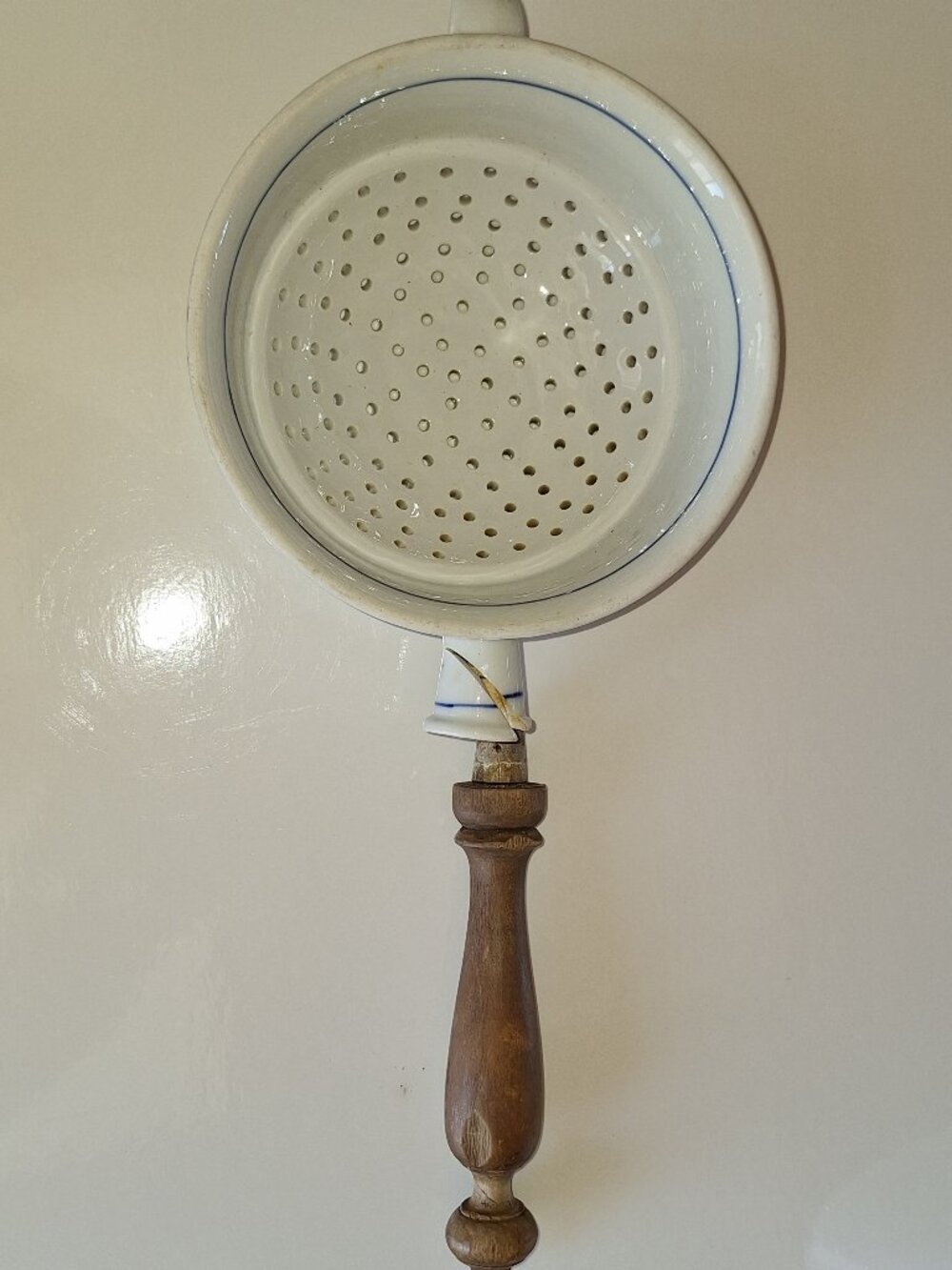 Vintage Blue Onion Porcelain Strainer with Wooden Handle